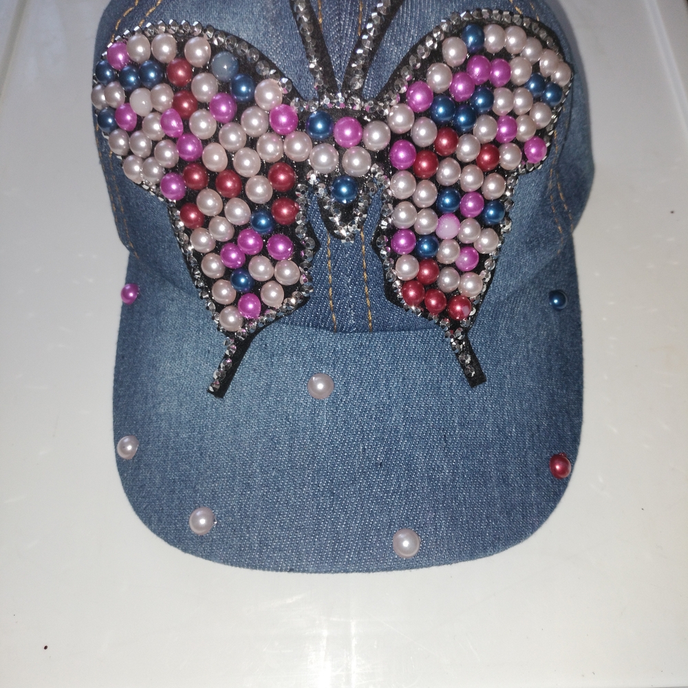 Multicolor Pearl Denim Butterfly Cap